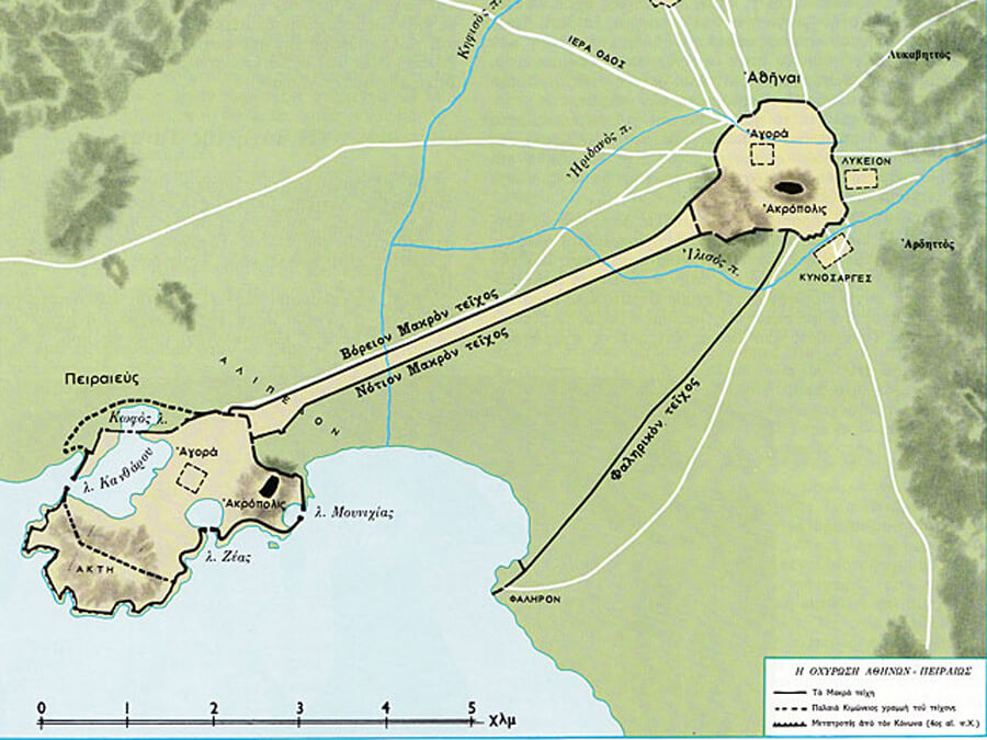 A topographical map of ancient Athens, linked to Piraeus via the Long Walls. The city’s three rivers, Kifissos (left), Eridanus (middle), and Ilissos (right) are shown in blue.