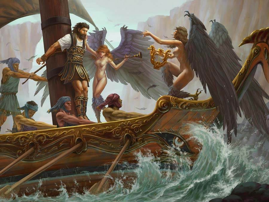 The Sirens singing to lure Odysseus and his crew