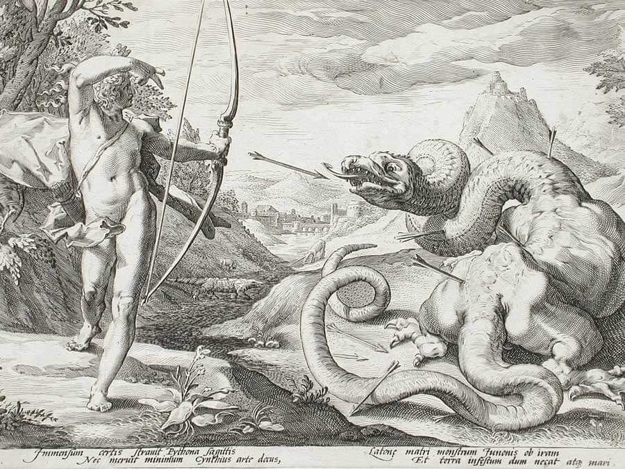 Apollo fighting the serpent monster Python at Delphi